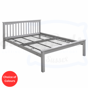 Studio image of a king size wooden bed frame with mesh base