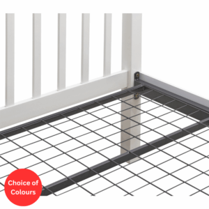 Close up image of a wooden bed frame showing the mesh base