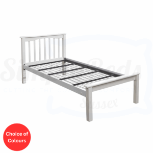 Studio image of a single size wooden bed frame with mesh base