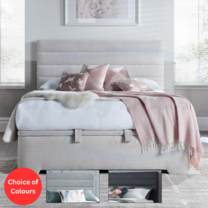 Olivia ottoman bed frame with a mattress and dressed